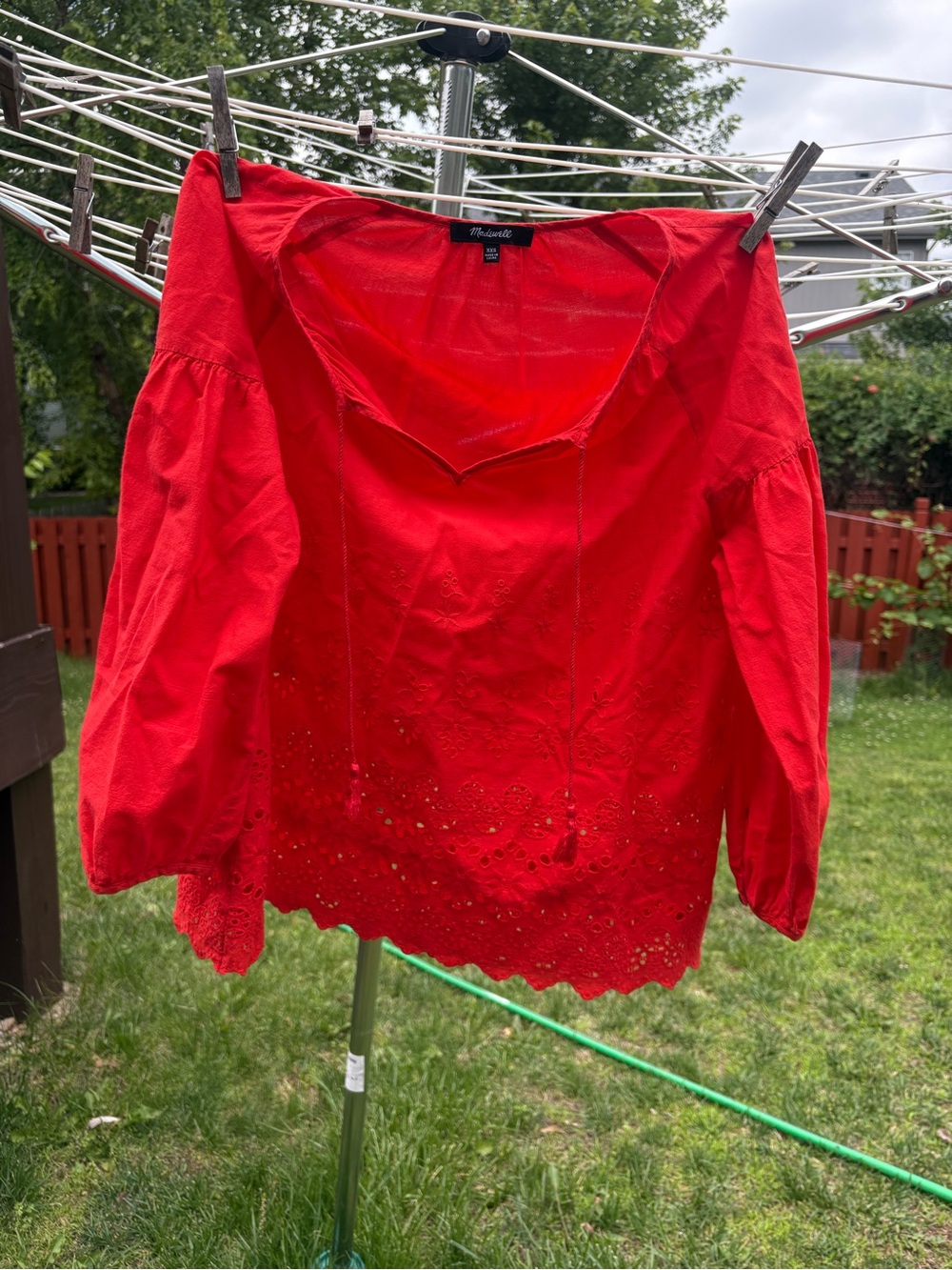 Madewell Red Eyelet Peasant Top with Tie Neck